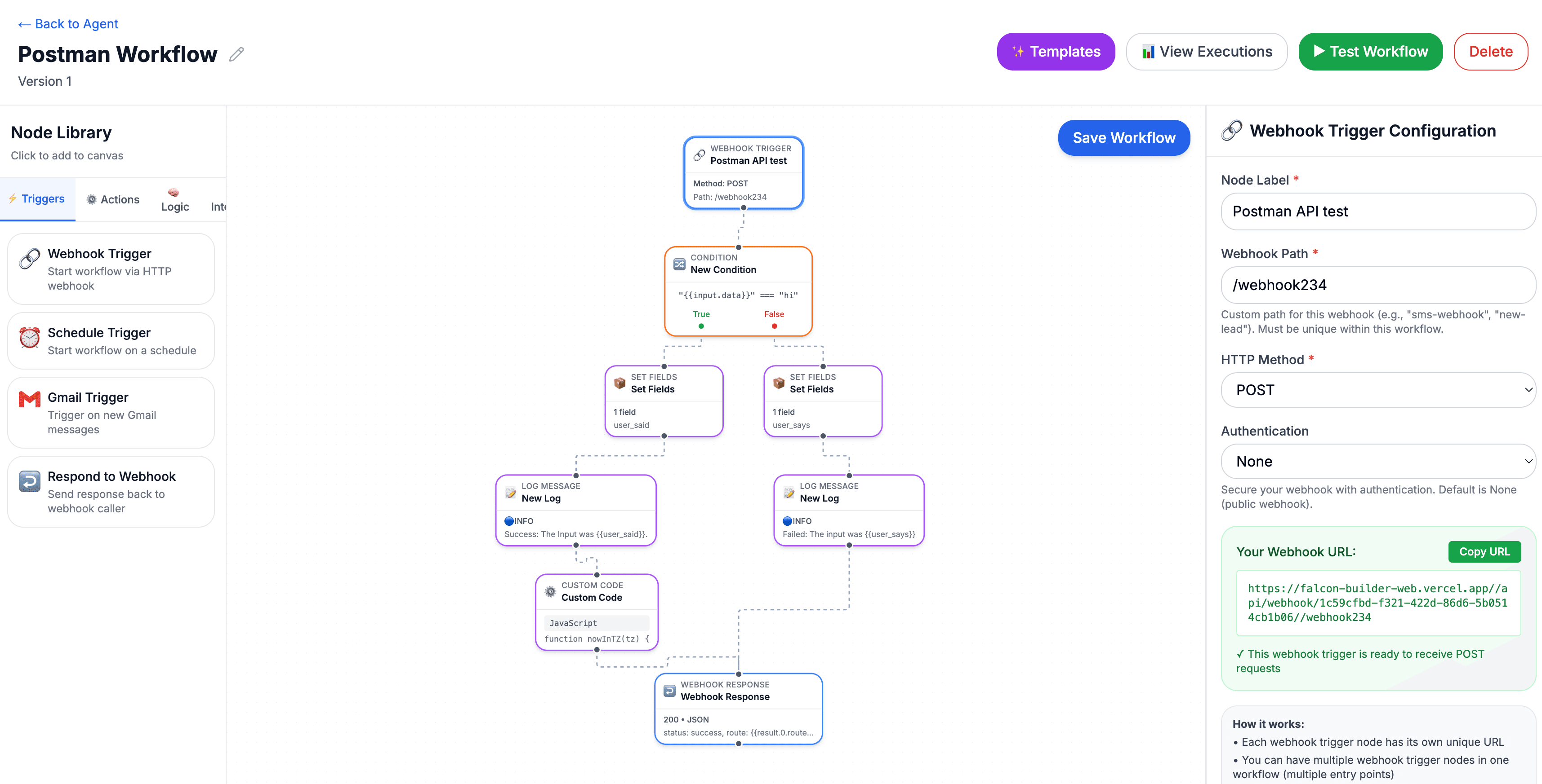 Falcon Builder workflow canvas showing a webhook trigger, condition node, set fields, log messages, custom code, and webhook response nodes connected in a visual workflow