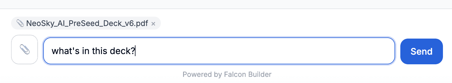 A PDF attached in the chat composer with the question 'what's in this deck?'