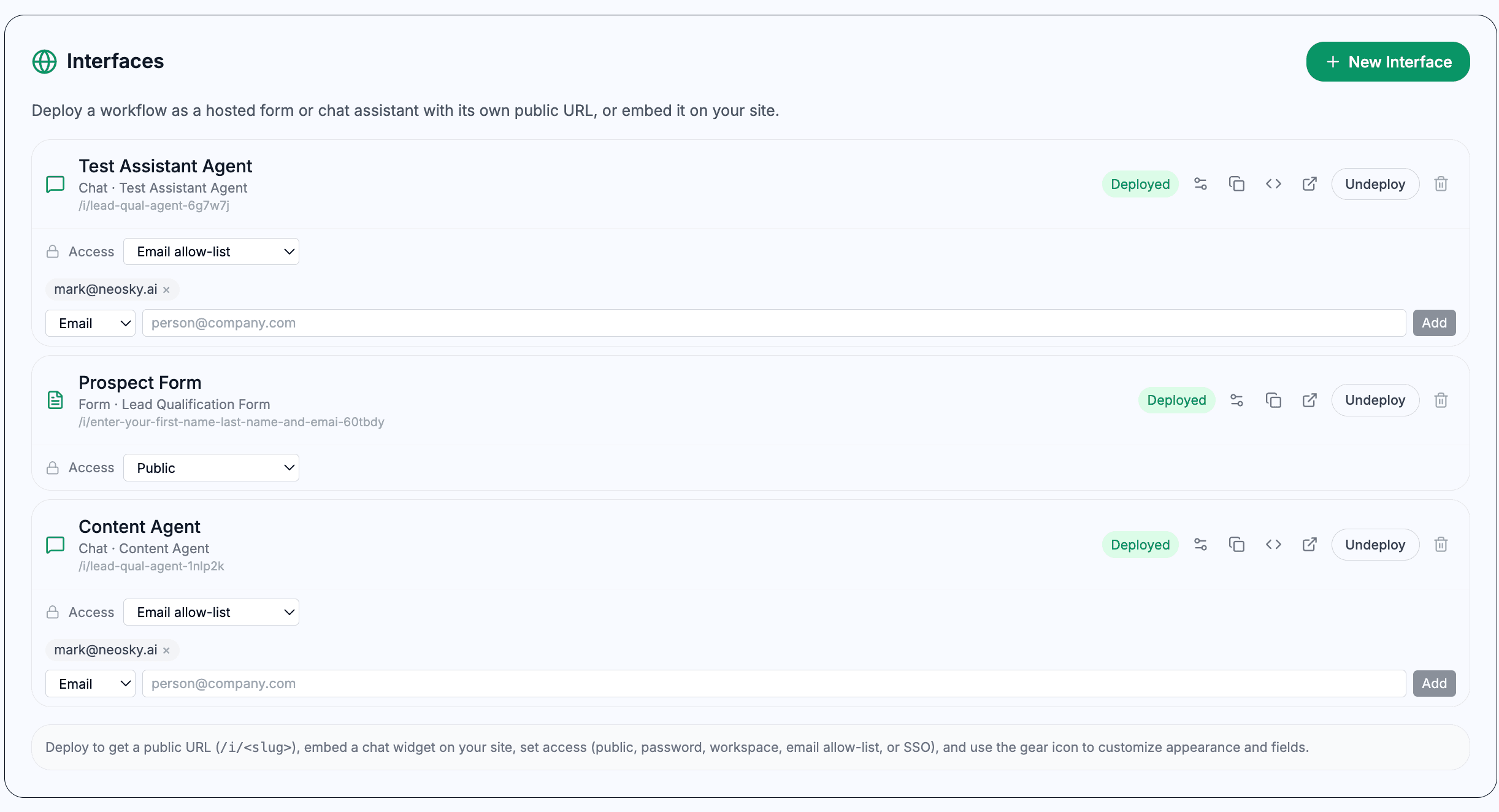 Interfaces manager listing chat and form interfaces, each with access controls