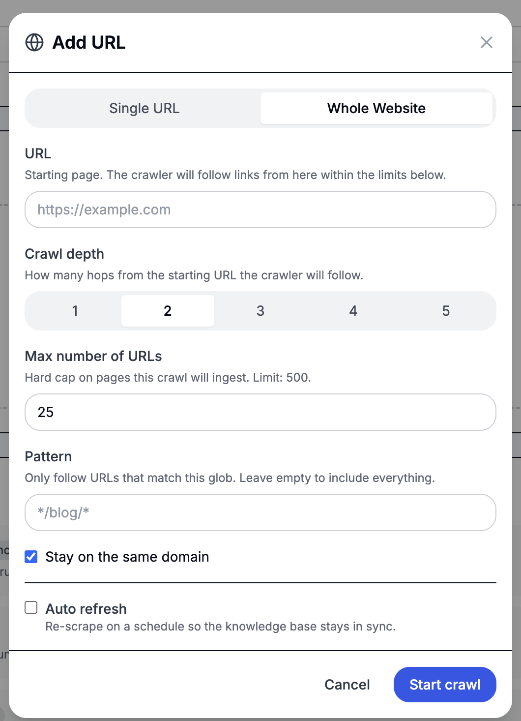 Add URL modal in Whole Website mode