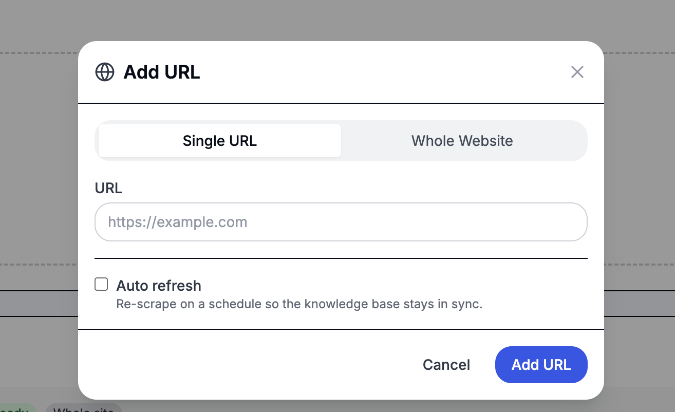Add URL modal in Single URL mode