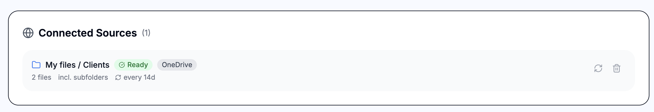 A connected OneDrive folder source showing Ready status, file count, refresh interval, and the Refresh now and delete buttons