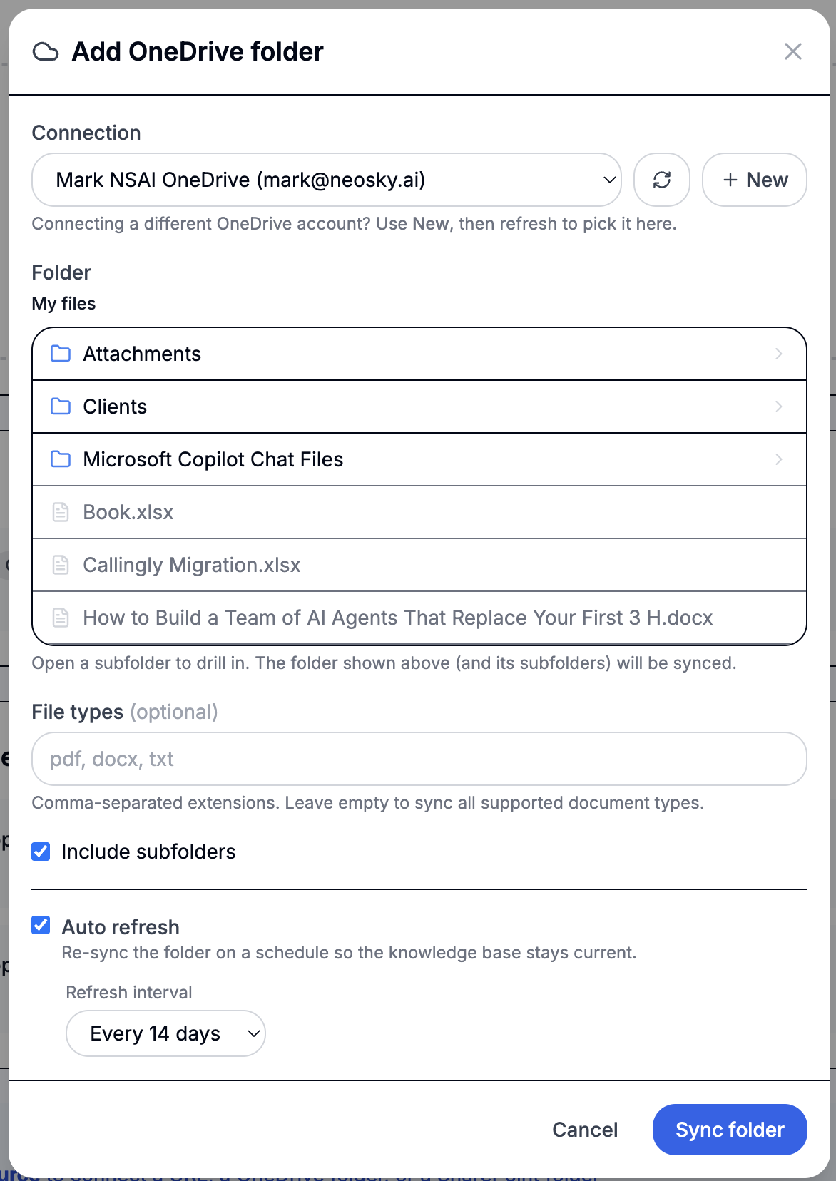 Add OneDrive folder modal showing the connection picker, folder browser, file-type filter, include-subfolders toggle, and auto refresh