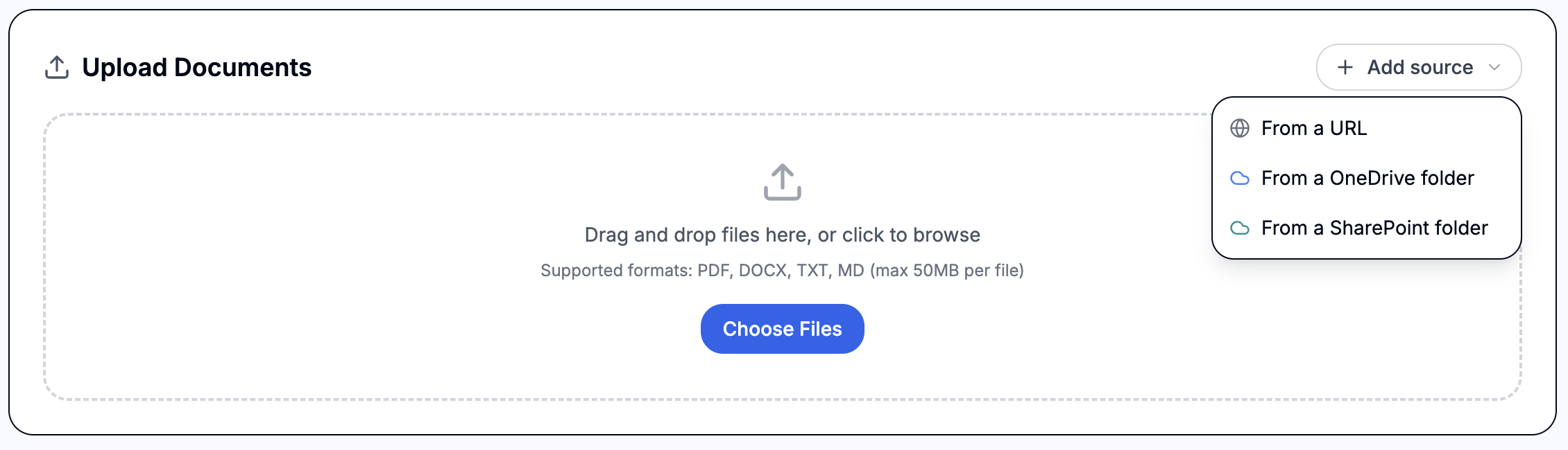 The Add source menu showing From a URL, From a OneDrive folder, and From a SharePoint folder options