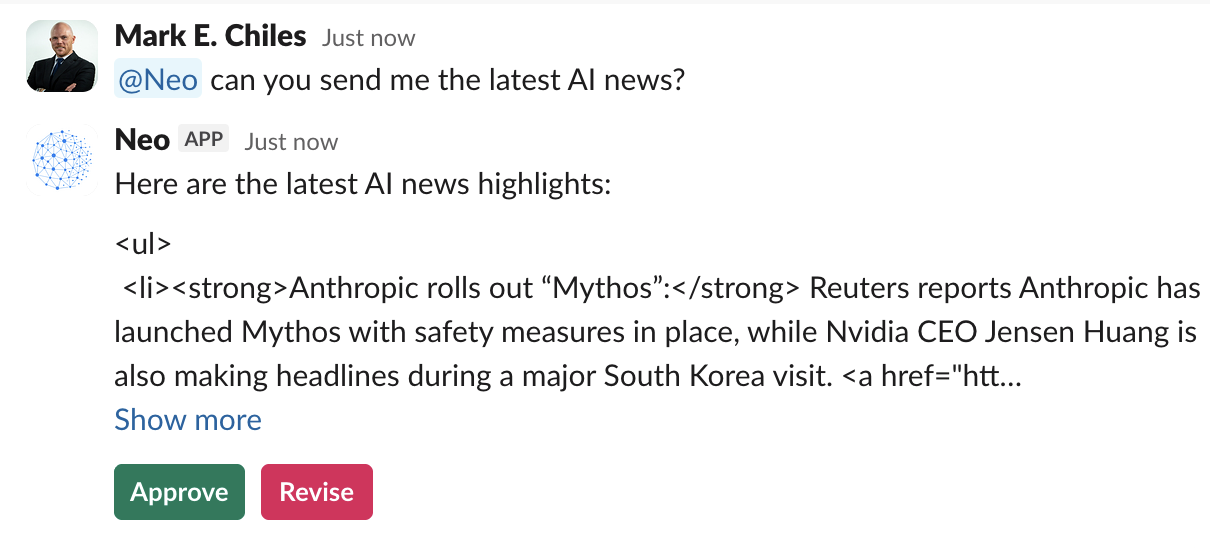 A Slack message where the agent presents a draft and waits, with Approve and Revise buttons