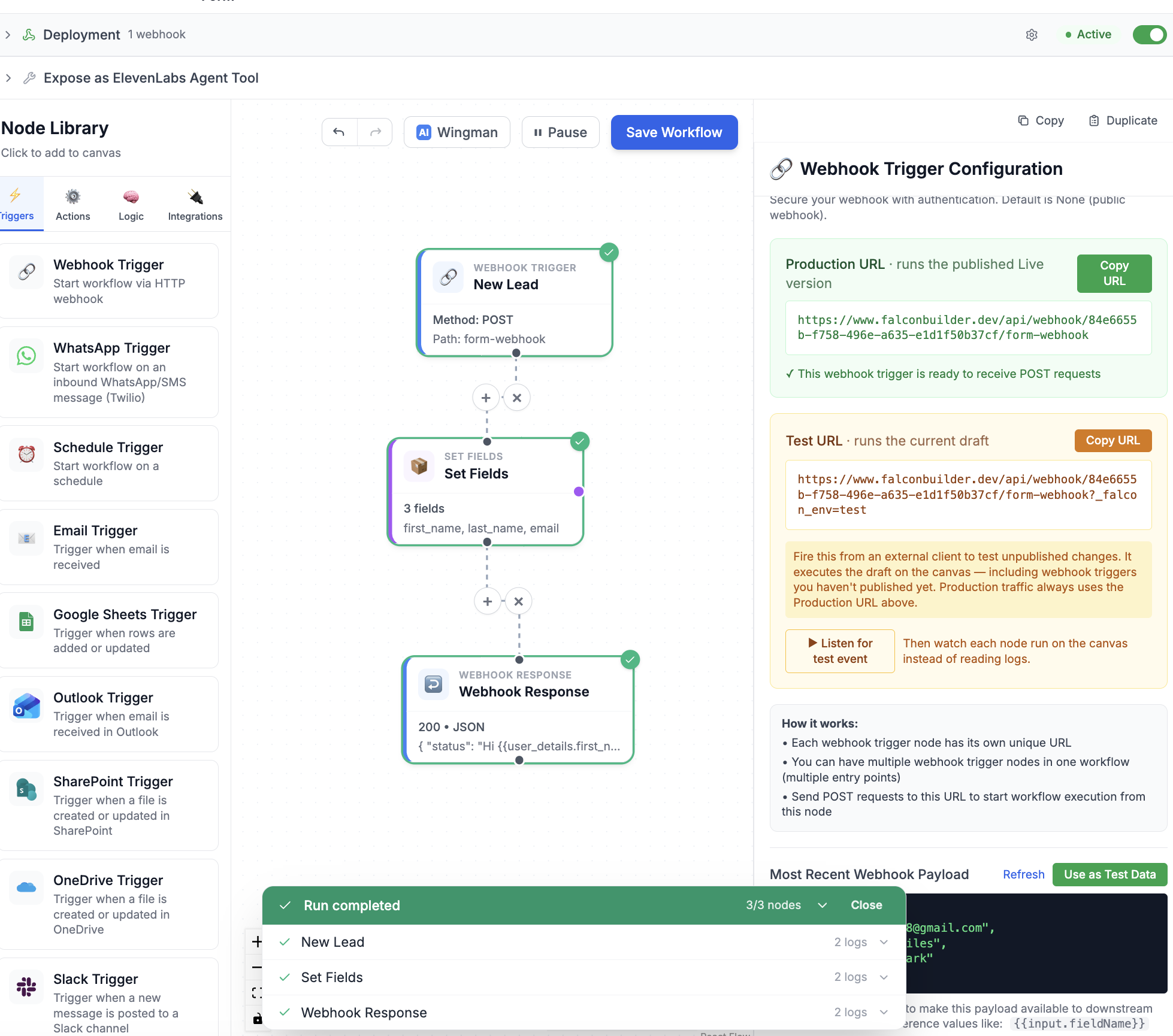 A test run completing node-by-node on the canvas with a 'Run completed, 3 of 3 nodes' status, alongside the webhook trigger configuration showing separate Production and Test URLs