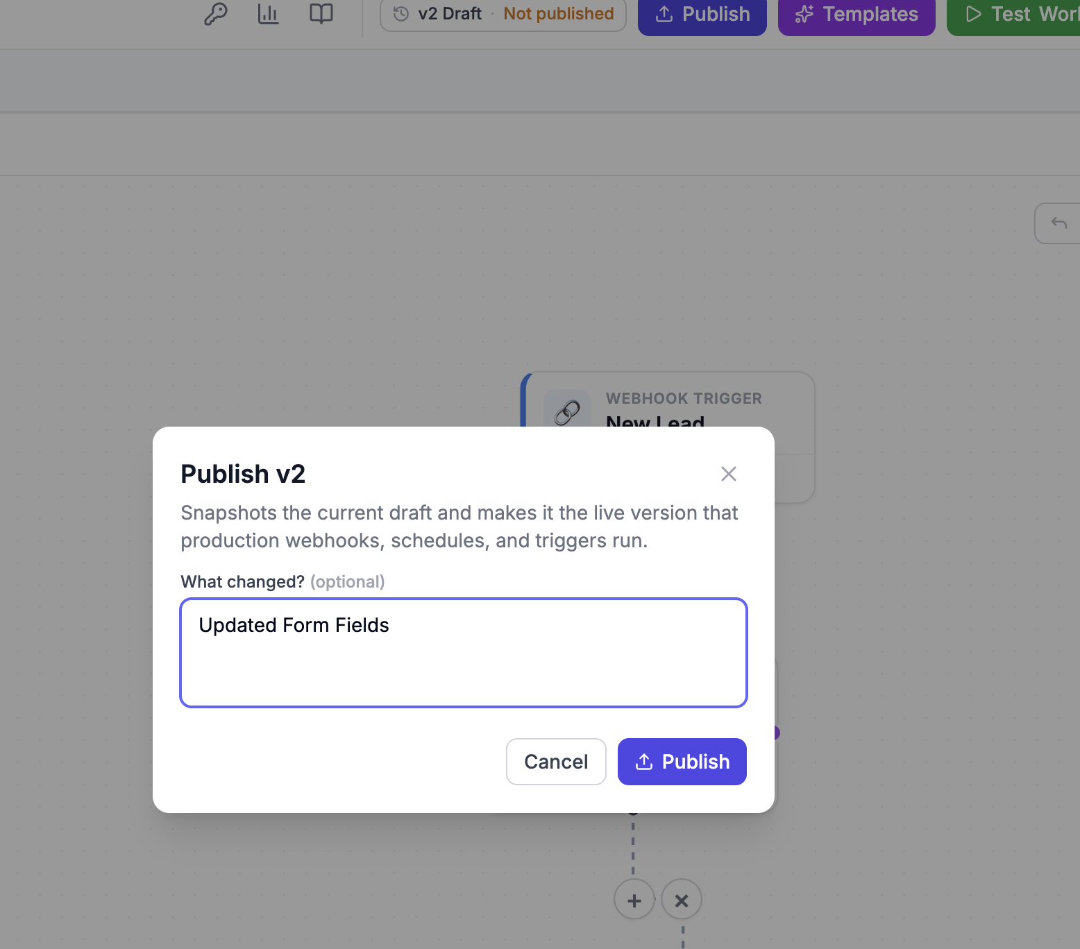 The Publish modal. It reads 'Publish v2 — Snapshots the current draft and makes it the live version that production webhooks, schedules, and triggers run,' with an optional 'What changed?' note filled in with 'Updated Form Fields.'