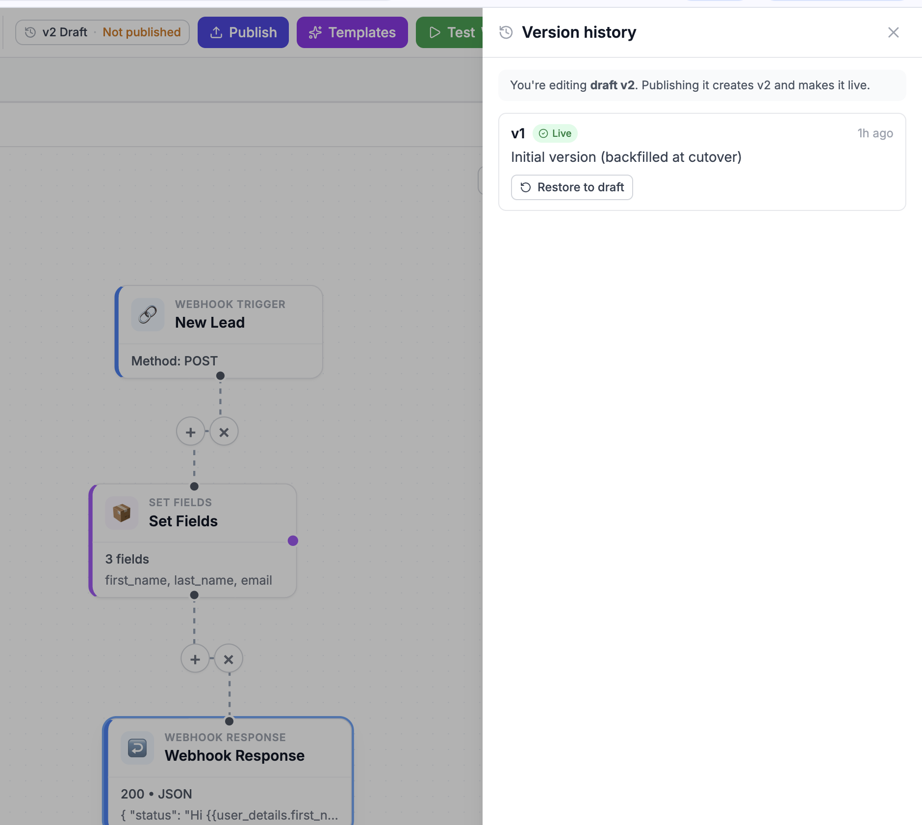 The Version history panel. It says 'You're editing draft v2. Publishing it creates v2 and makes it live,' and lists version v1 with a green Live badge, the note 'Initial version (backfilled at cutover),' and a 'Restore to draft' button.