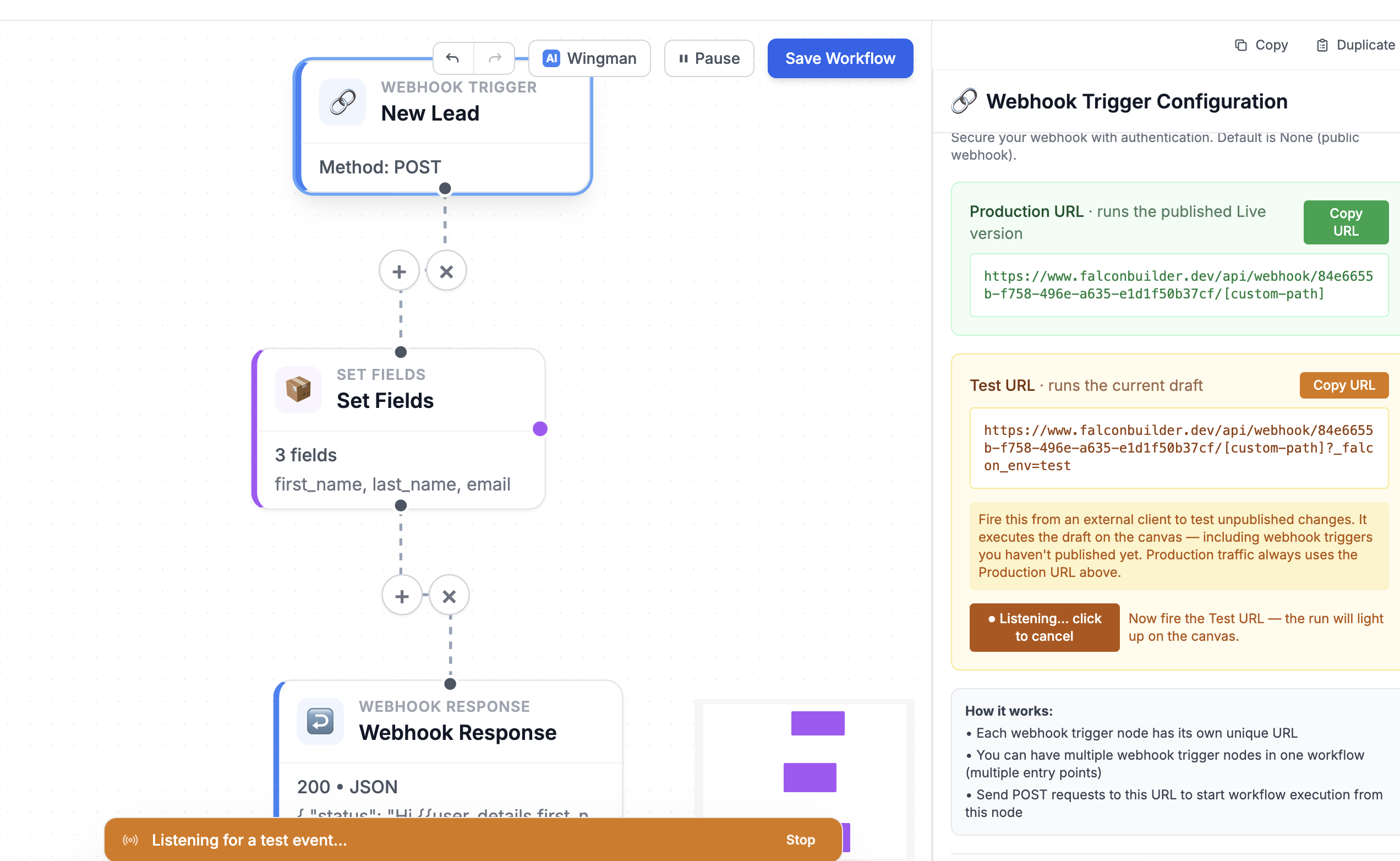 The editor in listening mode. The header shows 'v3 Draft — Live v2,' the Test URL block button reads 'Listening… click to cancel,' and a bottom banner says 'Listening for a test event…' with a Stop button.