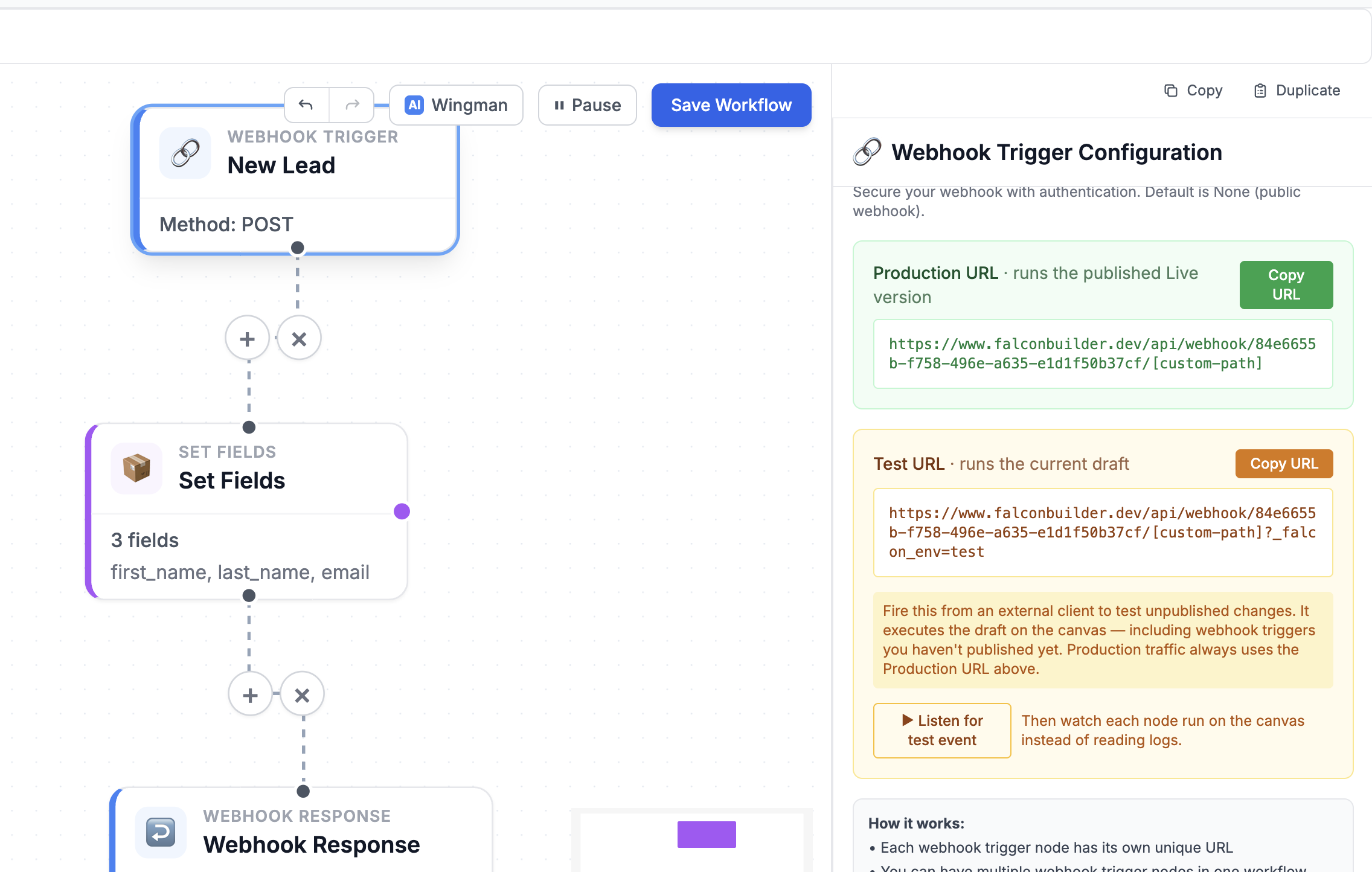 The Webhook Trigger Configuration panel showing a green 'Production URL — runs the published Live version' block and an amber 'Test URL — runs the current draft' block ending in ?_falcon_env=test, with a 'Listen for test event' button.