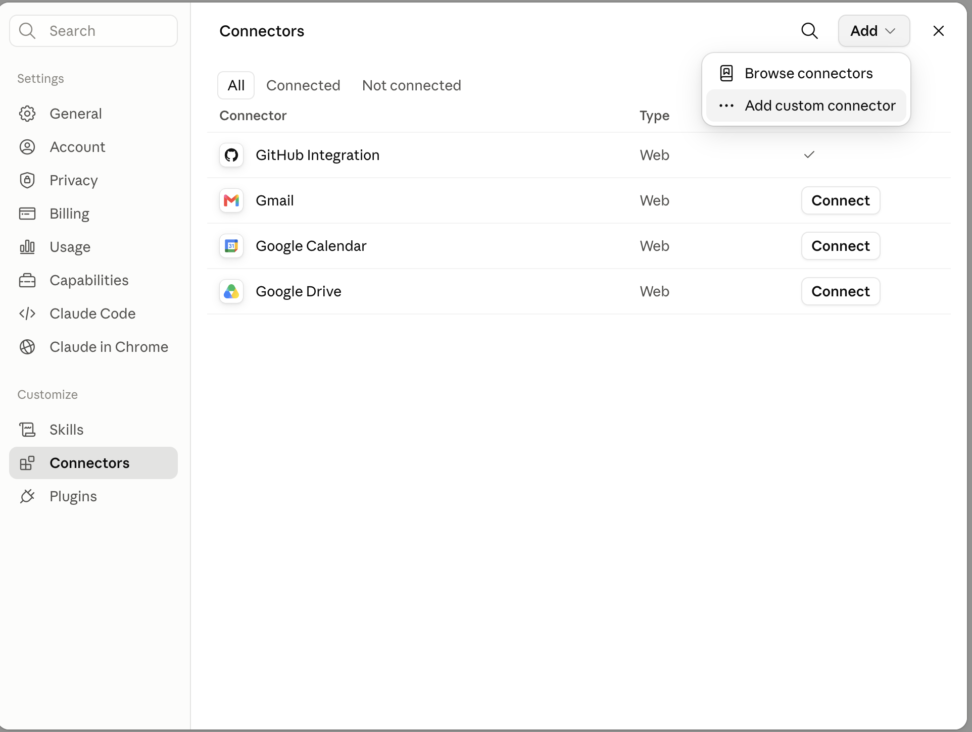 claude.ai Settings showing the Connectors section with the Add menu open and 'Add custom connector' highlighted
